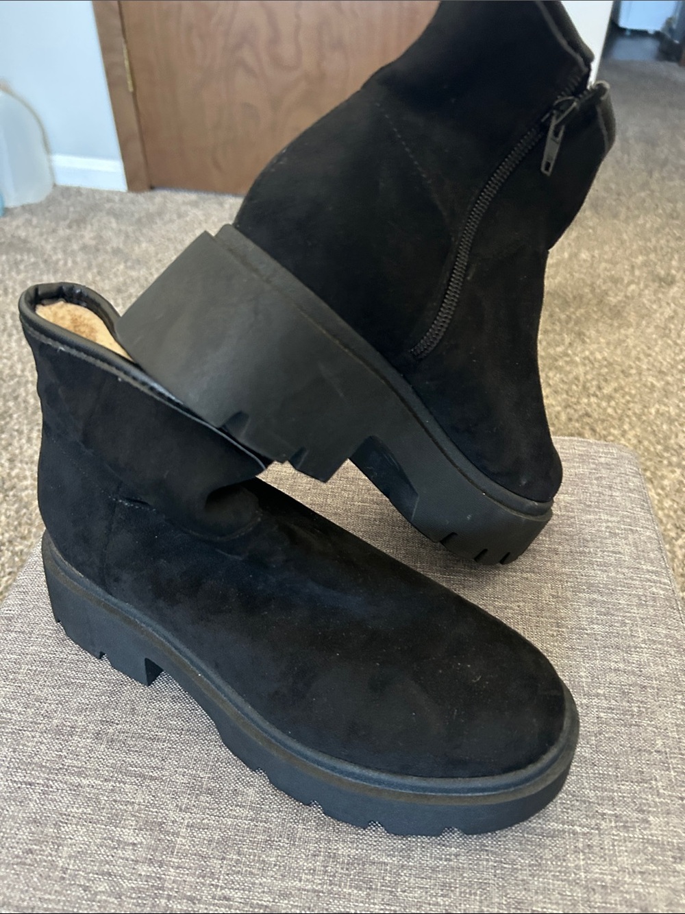 NOBO Black Suede Lug Sole Ankle Booties